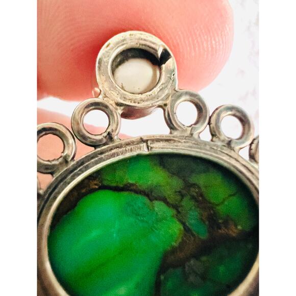 Vintage Sterling Silver Mojave Turquoise & Pearl Pendant 925 Boho 7g Green - Picture 8 of 10